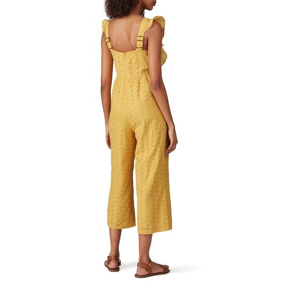 MinkPink My Friend Yellow Eyelet Wide Leg Flutter Sleeve Crop Jumpsuit Size L - Picture 2 of 14